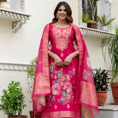 Women's Chanderi Cotton Printed Woven Design Kurta with Viscose Gadhwal Bottom & Dupatta Set