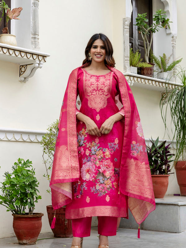 Women's Chanderi Cotton Printed Woven Design Kurta with Viscose Gadhwal Bottom & Dupatta Set