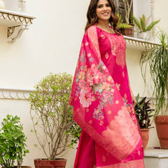 Women's Chanderi Cotton Printed Woven Design Kurta with Viscose Gadhwal Bottom & Dupatta Set