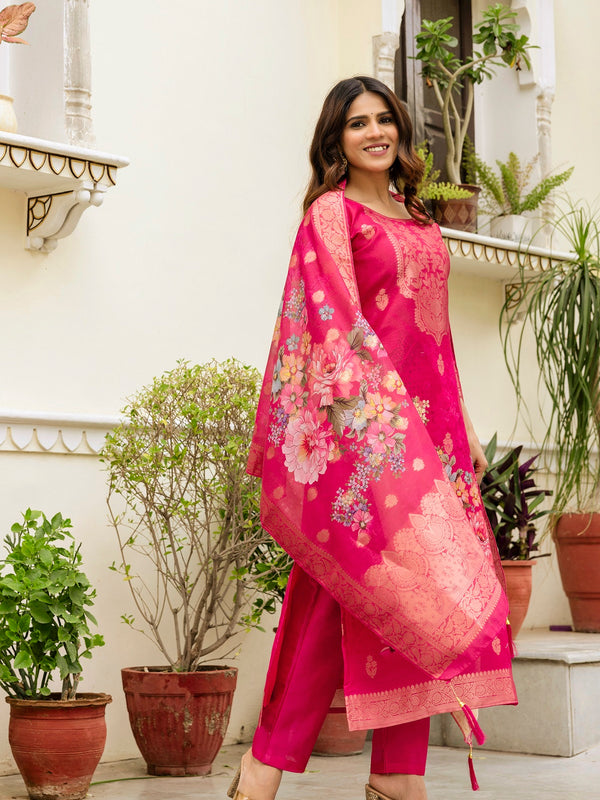 Women's Chanderi Cotton Printed Woven Design Kurta with Viscose Gadhwal Bottom & Dupatta Set