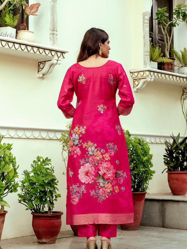 Women's Chanderi Cotton Printed Woven Design Kurta with Viscose Gadhwal Bottom & Dupatta Set
