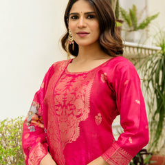 Women's Chanderi Cotton Printed Woven Design Kurta with Viscose Gadhwal Bottom & Dupatta Set