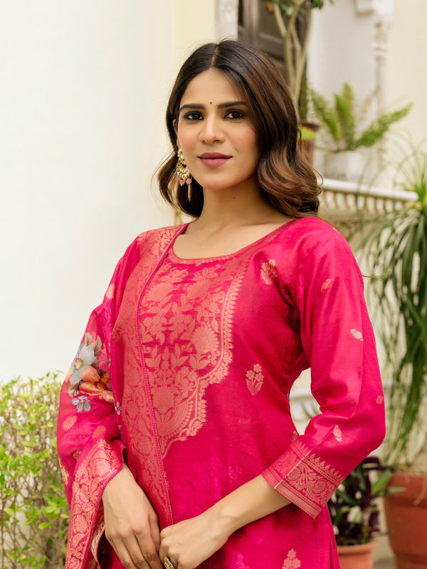Women's Chanderi Cotton Printed Woven Design Kurta with Viscose Gadhwal Bottom & Dupatta Set