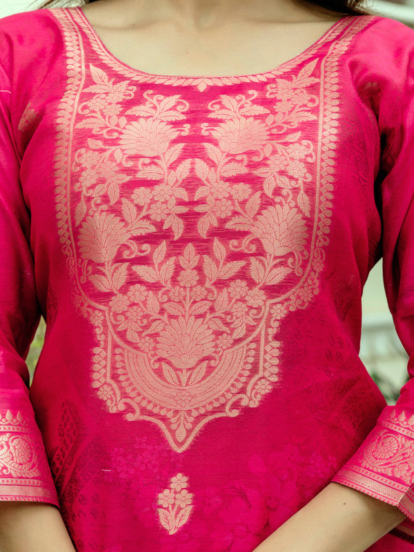 Women's Chanderi Cotton Printed Woven Design Kurta with Viscose Gadhwal Bottom & Dupatta Set
