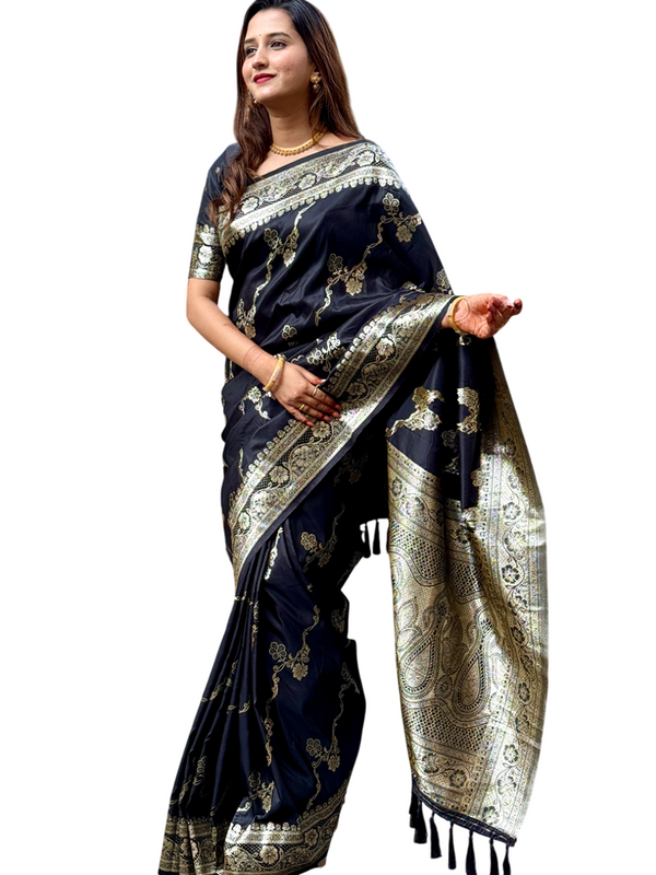 Woven Design Banarasi Silk Blend Saree With Blouse Piece