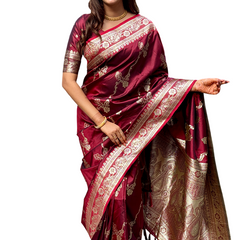 Woven Design Banarasi Silk Blend Saree With Blouse Piece