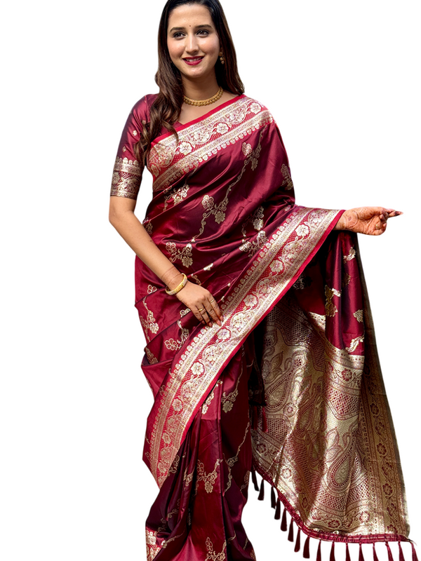 Woven Design Banarasi Silk Blend Saree With Blouse Piece