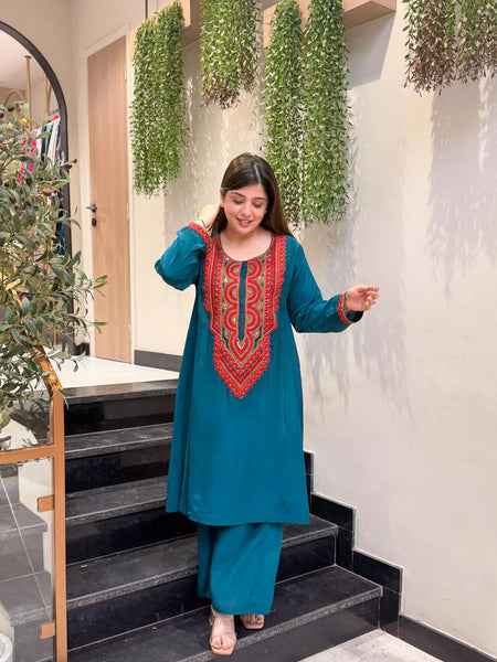 Women's French Crepe Embroidered Kurta Pant Set