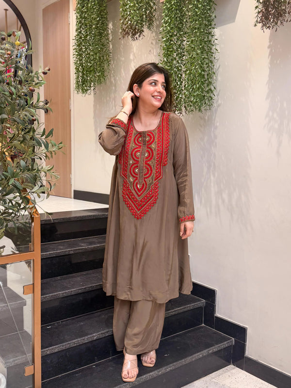 French Crepe Embroidered Kurta Pant Set