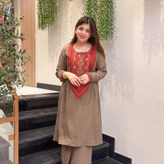 Women's French Crepe Embroidered Kurta Pant Set