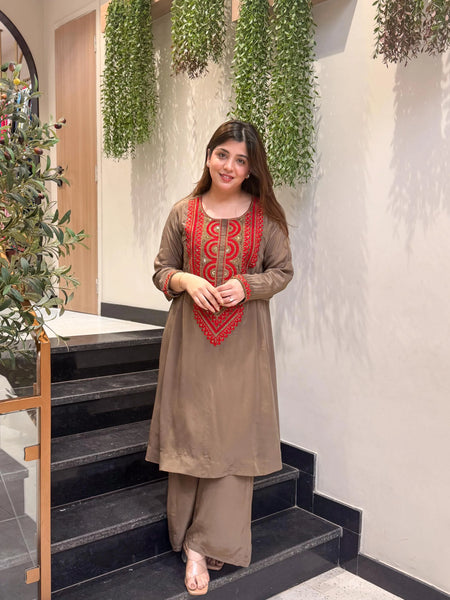 Women's French Crepe Embroidered Kurta Pant Set