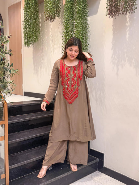 Women's French Crepe Embroidered Kurta Pant Set