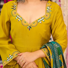 Women's Embroidered Chanderi Silk Kurta With Palazzo & Cotton Dupatta Set