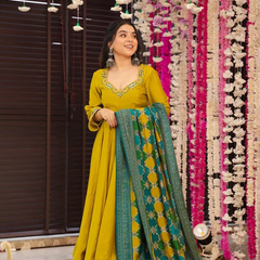 Women's Embroidered Chanderi Silk Kurta With Palazzo & Cotton Dupatta Set