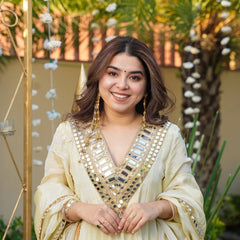 Women's Chinon Embroidered Kurta Pant Dupatta Set with Mirror Work