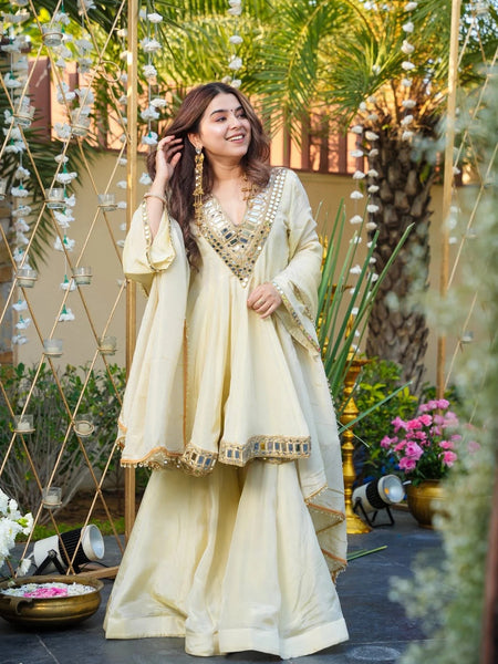 Women's Chinon Embroidered Kurta Pant Dupatta Set with Mirror Work