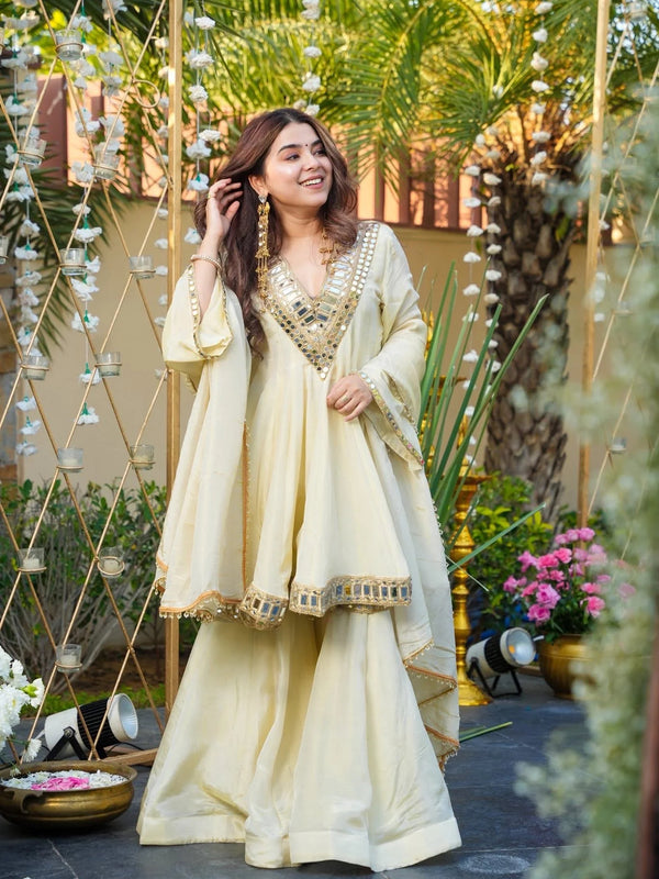 Women's Chinon Embroidered Kurta Pant Dupatta Set with Mirror Work