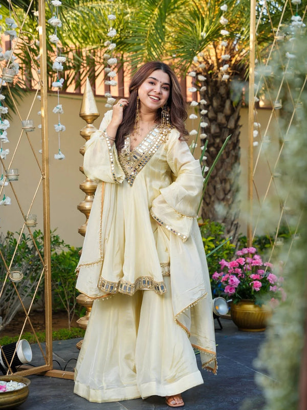Women's Chinon Embroidered Kurta Pant Dupatta Set with Mirror Work