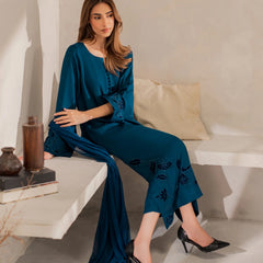 Women's Chanderi Silk Embroidered Kurta Pant Set With Organza Dupatta