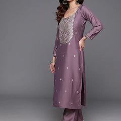 Women’s Viscose Chanderi A-Line Kurta Set With Embroidered Detailing & Chinon Dupatta
