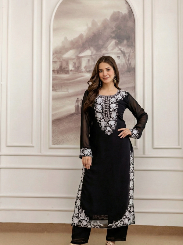 Women's Georgette Embroidered Kurta Pant & Dupatta Set