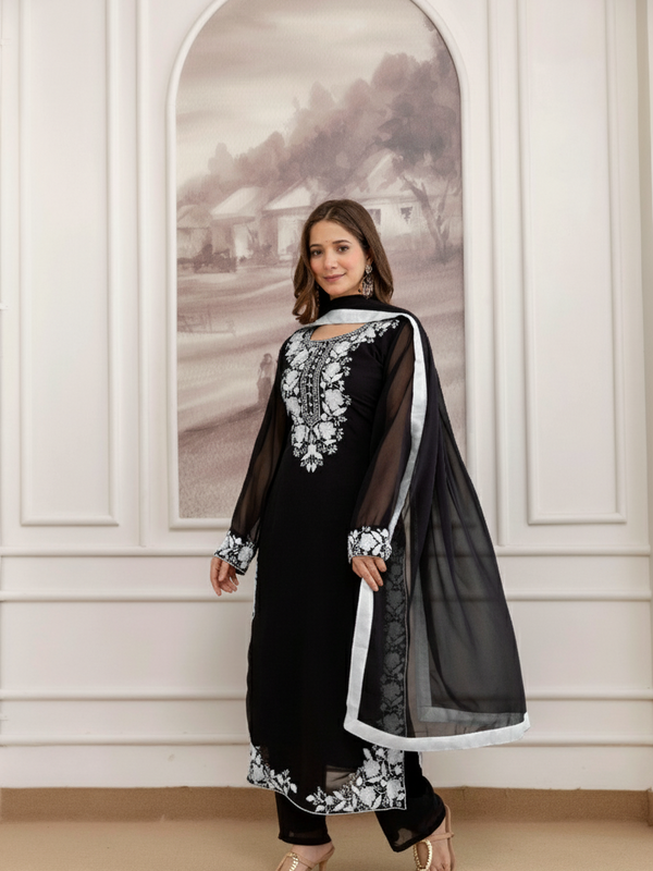 Women's Georgette Embroidered Kurta Pant & Dupatta Set