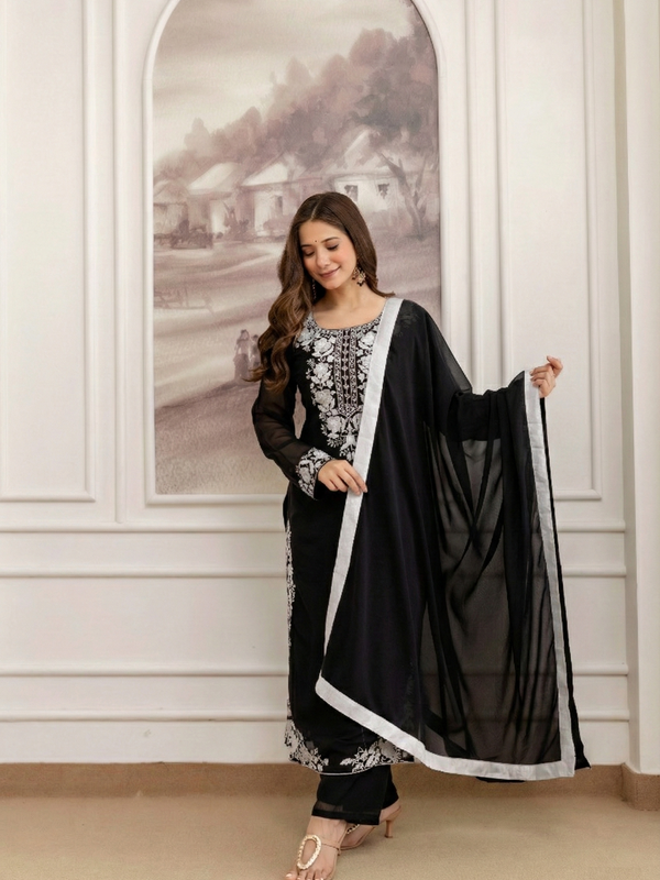 Women's Georgette Embroidered Kurta Pant & Dupatta Set