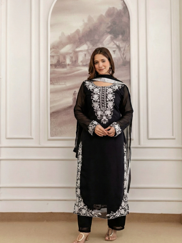 Women's Georgette Embroidered Kurta Pant & Dupatta Set