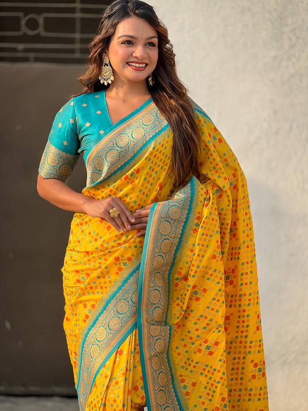 Premium Patola Silk Saree with Meenakari Ikkat Weaves & Blouse Piece