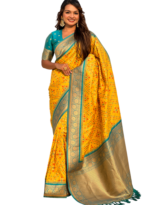 Premium Patola Silk Saree with Meenakari Ikkat Weaves & Blouse Piece