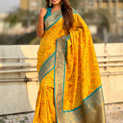 Premium Patola Silk Saree with Meenakari Ikkat Weaves & Blouse Piece