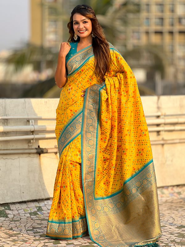 Premium Patola Silk Saree with Meenakari Ikkat Weaves & Blouse Piece