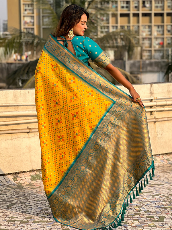 Premium Patola Silk Saree with Meenakari Ikkat Weaves & Blouse Piece