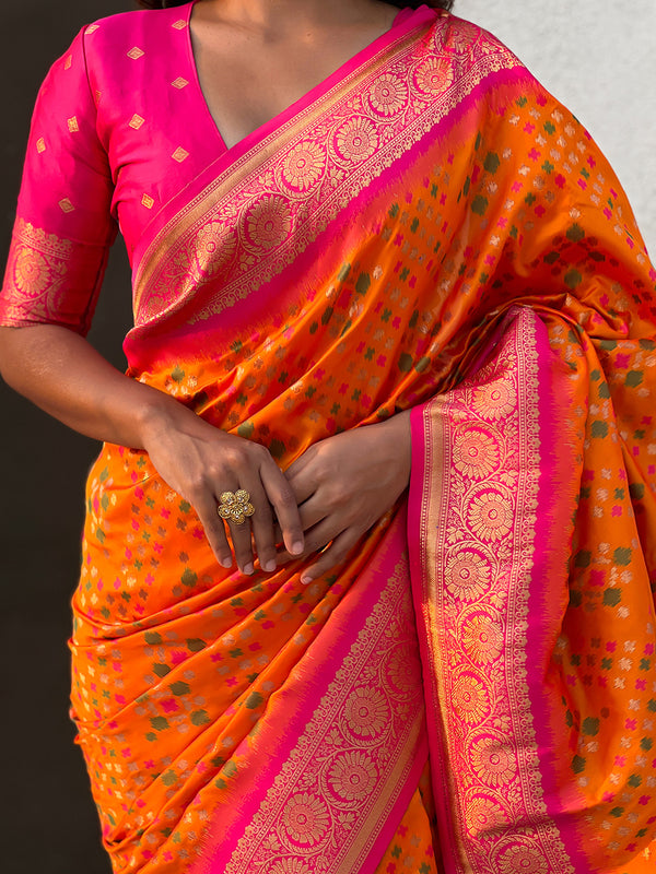 Premium Patola Silk Saree with Meenakari Ikkat Weaves & Blouse Piece