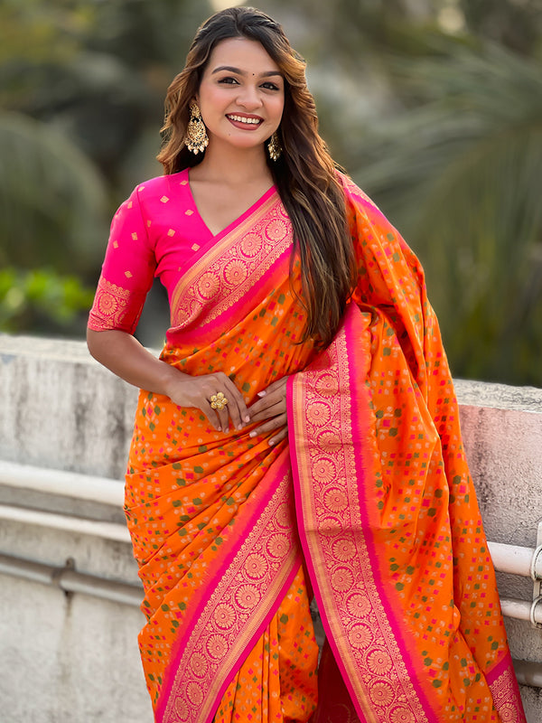 Premium Patola Silk Saree with Meenakari Ikkat Weaves & Blouse Piece