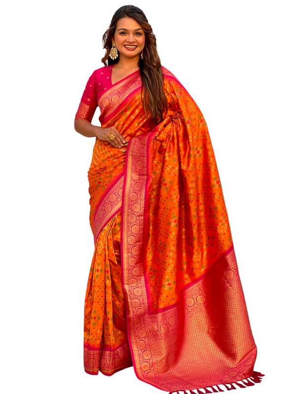 Premium Patola Silk Saree with Meenakari Ikkat Weaves & Blouse Piece