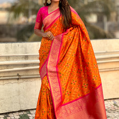 Premium Patola Silk Saree with Meenakari Ikkat Weaves & Blouse Piece