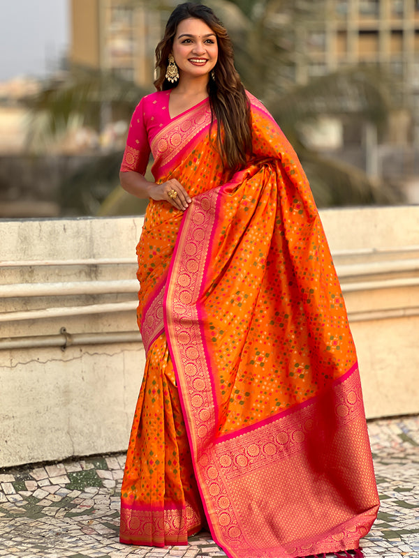 Premium Patola Silk Saree with Meenakari Ikkat Weaves & Blouse Piece