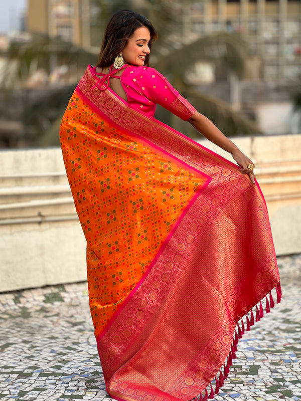 Premium Patola Silk Saree with Meenakari Ikkat Weaves & Blouse Piece