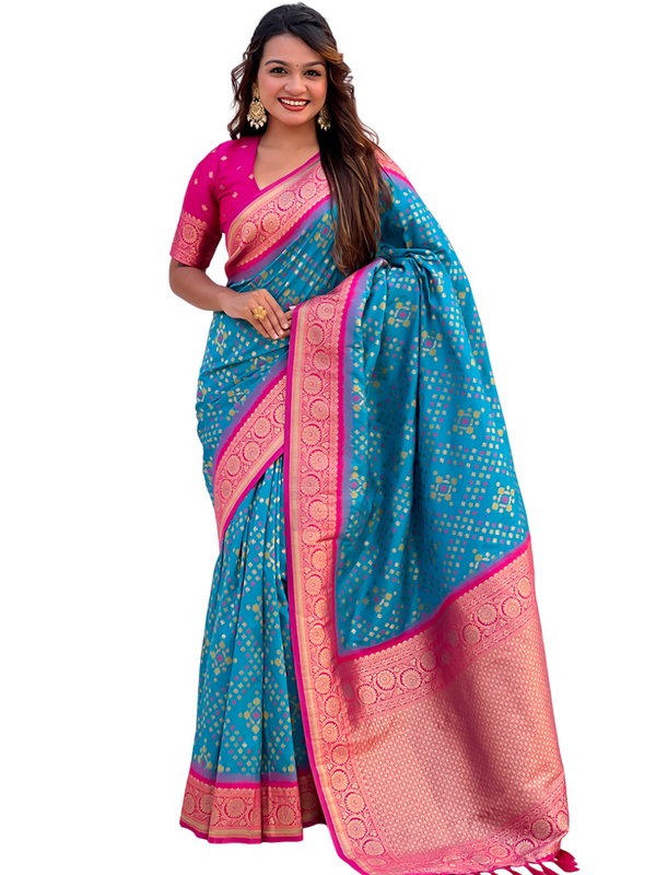 Premium Patola Silk Saree with Meenakari Ikkat Weaves & Blouse Piece