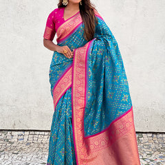 Premium Patola Silk Saree with Meenakari Ikkat Weaves & Blouse Piece