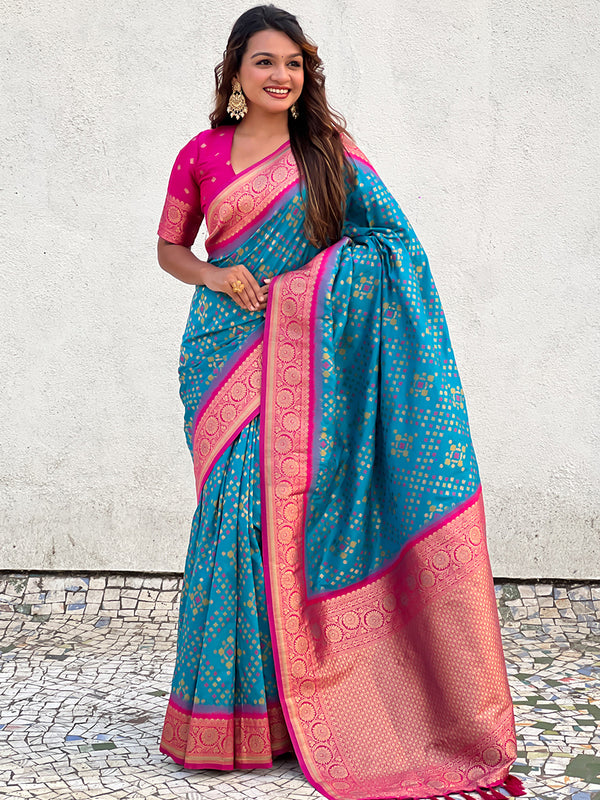 Premium Patola Silk Saree with Meenakari Ikkat Weaves & Blouse Piece
