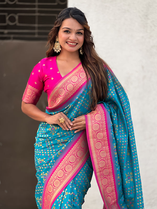 Premium Patola Silk Saree with Meenakari Ikkat Weaves & Blouse Piece