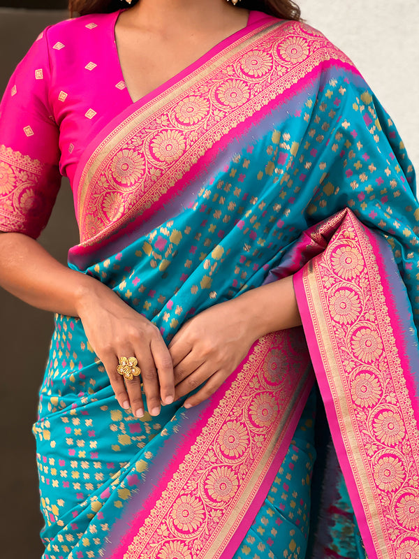 Premium Patola Silk Saree with Meenakari Ikkat Weaves & Blouse Piece