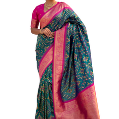 Premium Patola Silk Saree with Meenakari Ikkat Weaves & Blouse Piece