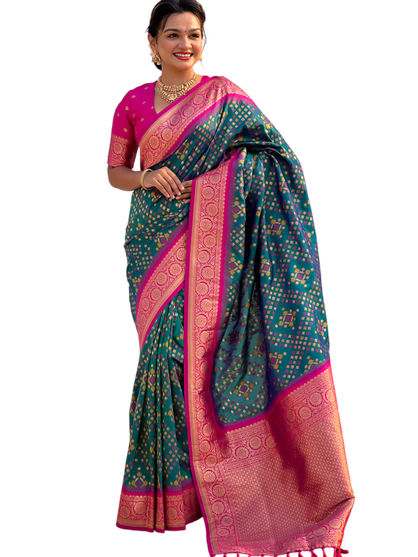 Premium Patola Silk Saree with Meenakari Ikkat Weaves & Blouse Piece