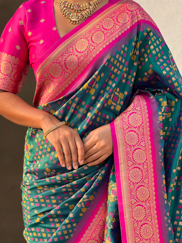 Premium Patola Silk Saree with Meenakari Ikkat Weaves & Blouse Piece