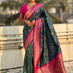 Premium Patola Silk Saree with Meenakari Ikkat Weaves & Blouse Piece