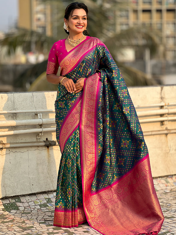 Premium Patola Silk Saree with Meenakari Ikkat Weaves & Blouse Piece