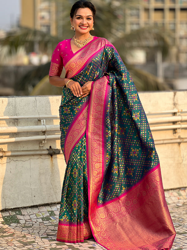 Premium Patola Silk Saree with Meenakari Ikkat Weaves & Blouse Piece